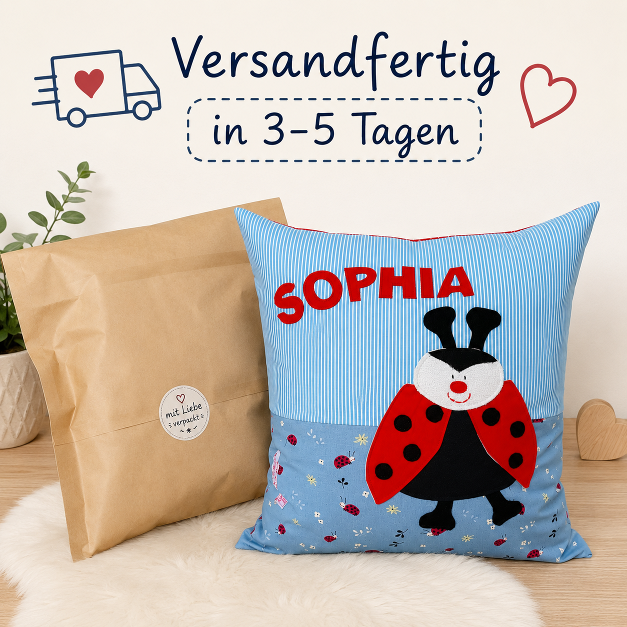 Marienkäfer Kissen personalisiert mit Namen | Handgemachtes Kinderkissen | Geschenk zur Geburt