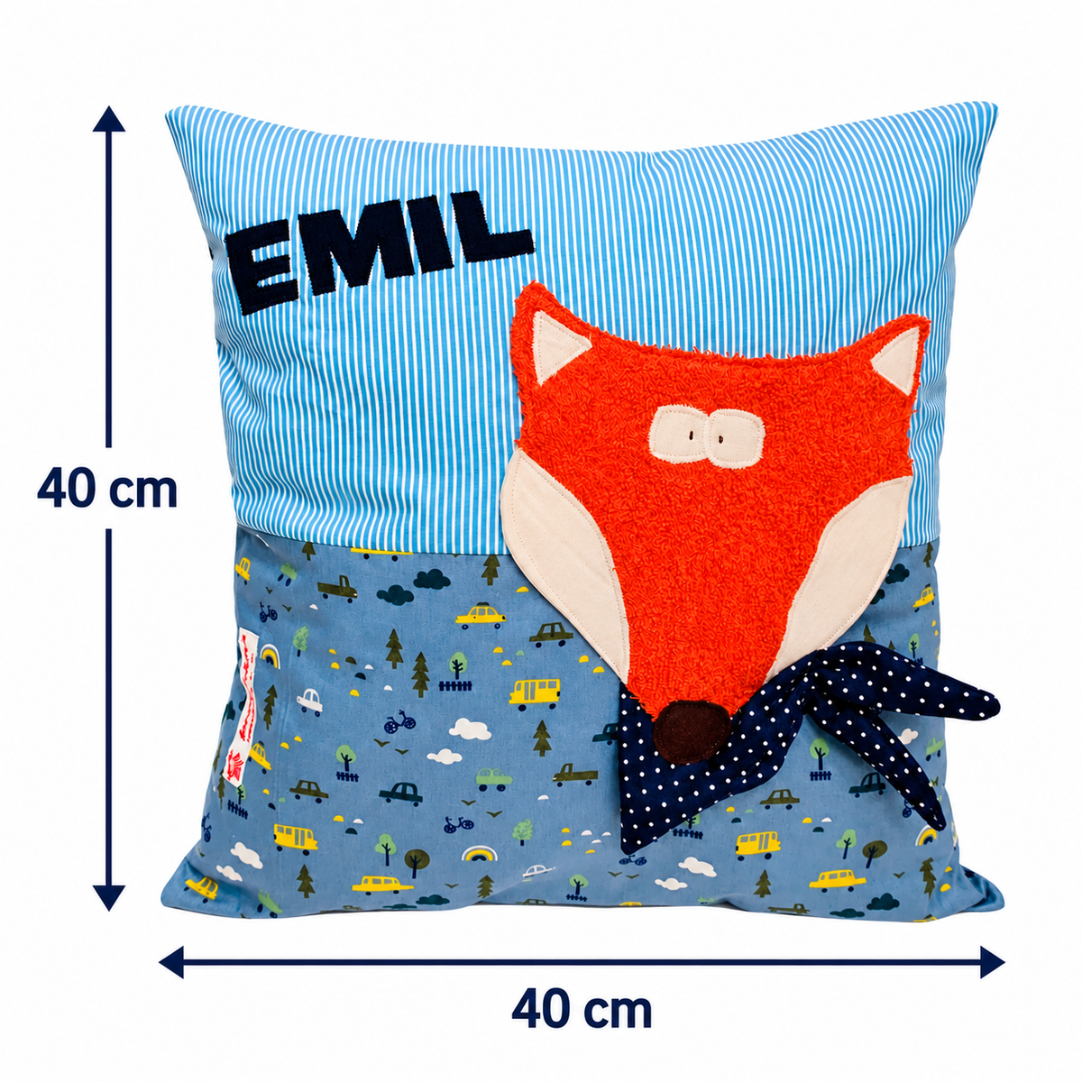 Fuchskissen mit Namen – personalisiertes Kinderkissen 40×40 cm