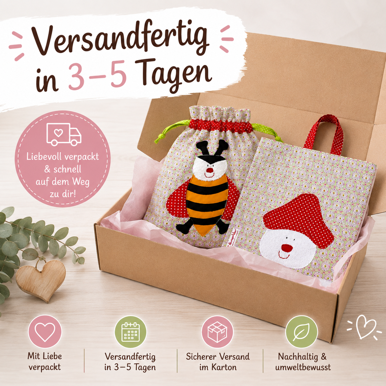 Wetbagset Mädchen Biene & Fliegenpilz – Nasstasche & Garderobenbeutel personalisierbar