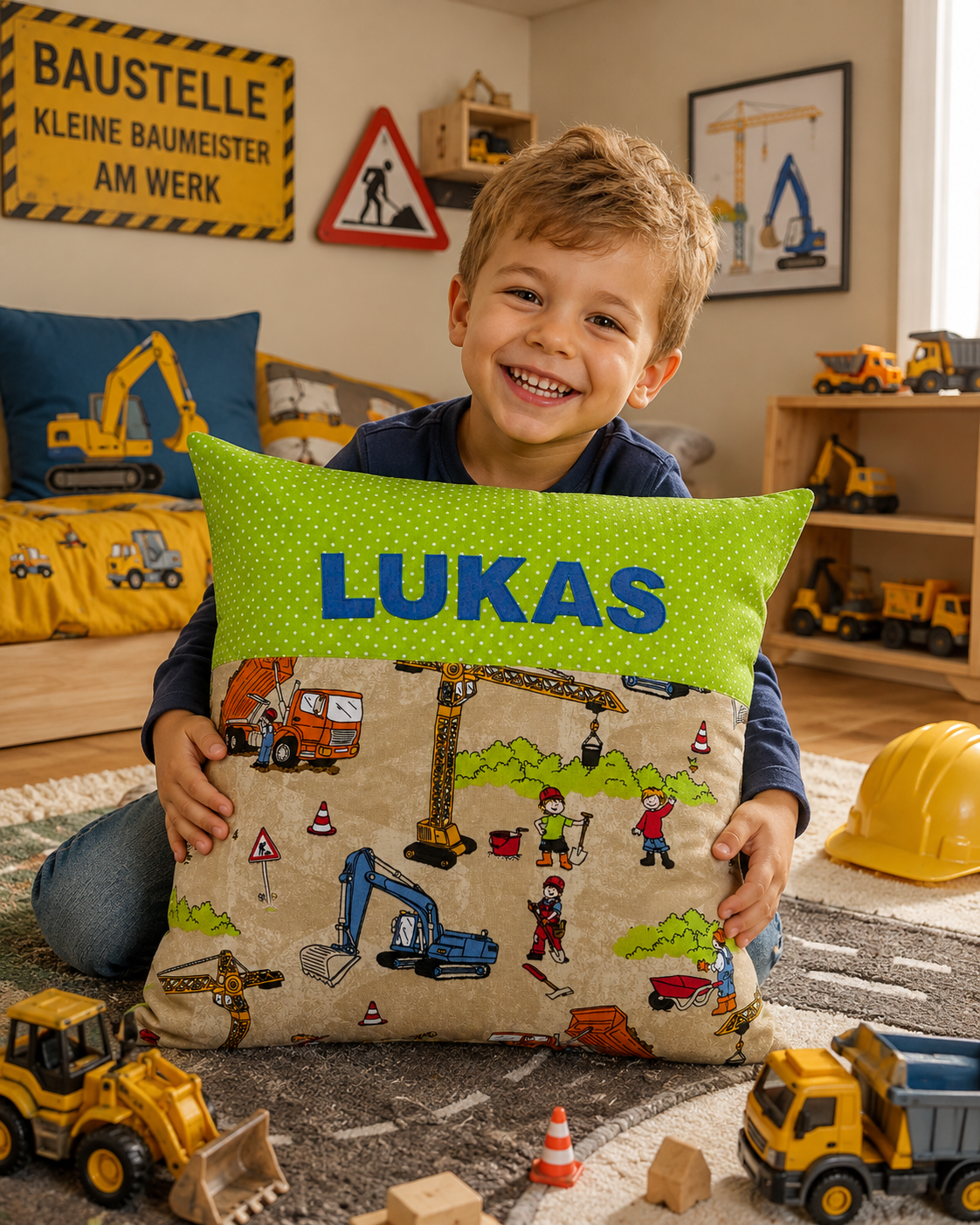 Kissen Bagger mit Name – Personalisiertes Baustellenkissen für Kinder