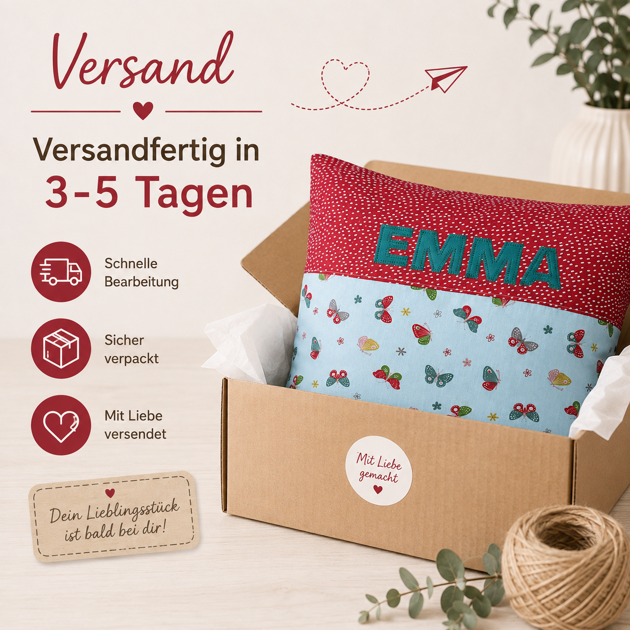 Personalisiertes Kissen Schmetterling mit Name 40x40 cm – Kuschelkissen für Mädchen | Geschenk zum Geburtstag & Weihnachten