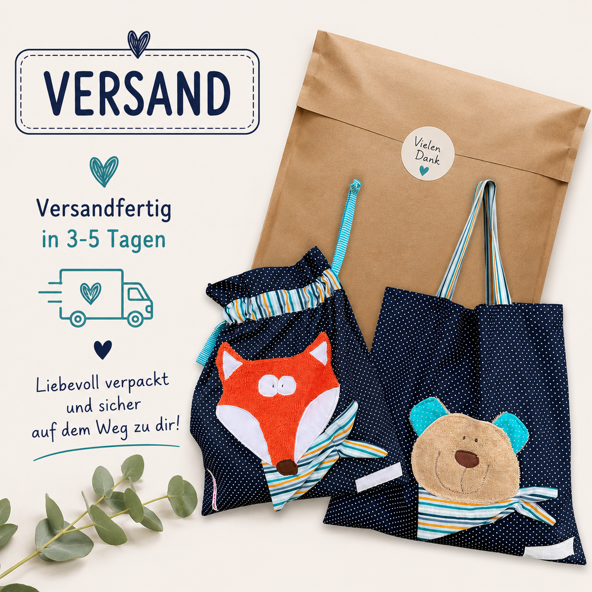 Kindergartenset Fuchs & Bär | Wetbag & Garderobenbeutel | Geschenk zum Kindergartenstart