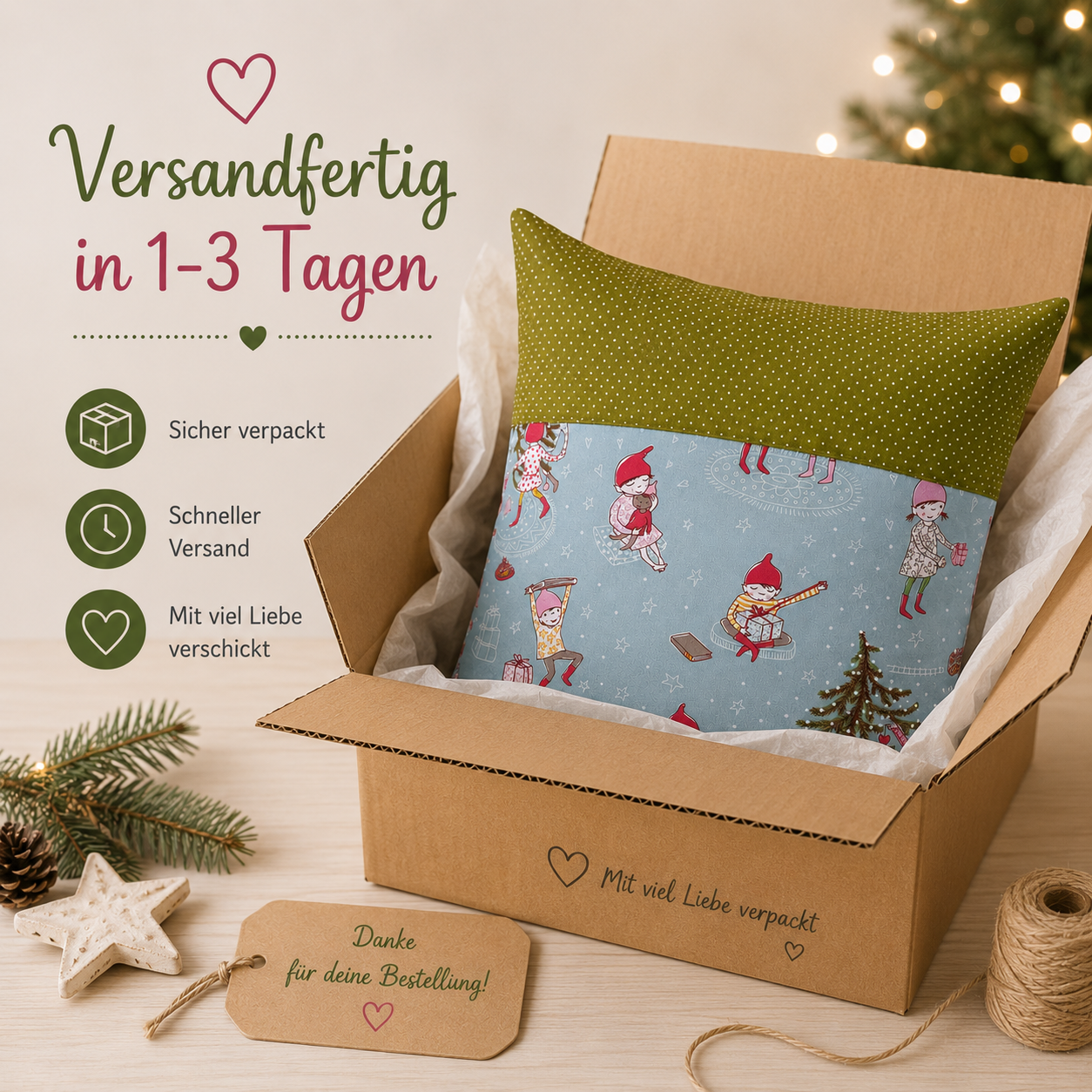 Kissen Weihnachten mit Wichteln – Handgemachte Weihnachtsdeko & liebevolles Weihnachtsgeschenk