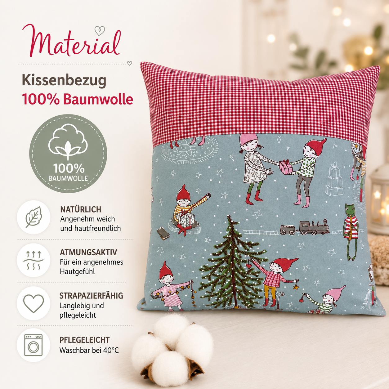 Weihnachtskissen Wichtel 40x40 cm | Handgenähtes Dekokissen aus Baumwolle