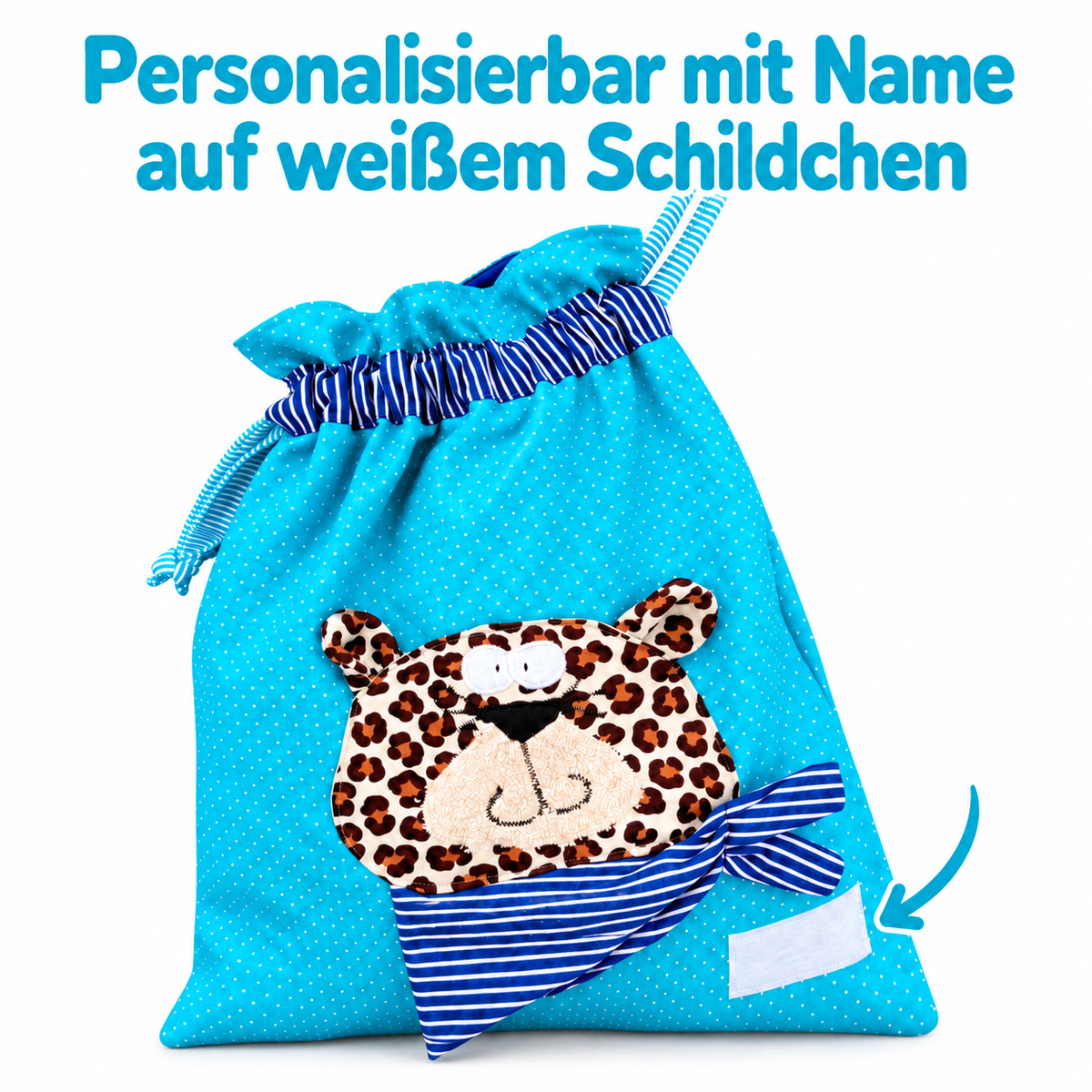 Nasstasche Blau mit Leopard – personalisierbares Geschenk zum 2. Geburtstag