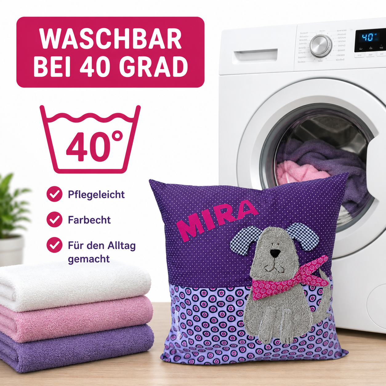 Lila personalisiertes Kinderkissen mit Namen Mira und Hund-Applikation aus Frottee, handgenäht aus Baumwolle im farbenfrohen Mustermix, 40x40 cm Kuschelkissen für Mädchen
Waschbar bei 40 Grad