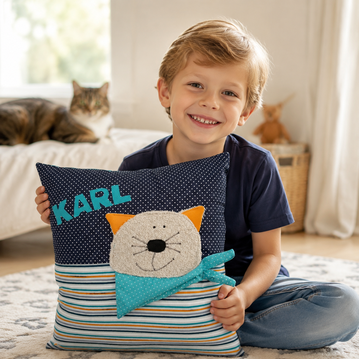 Personalisiertes Kissen Katze  – Kissen für Jungs
