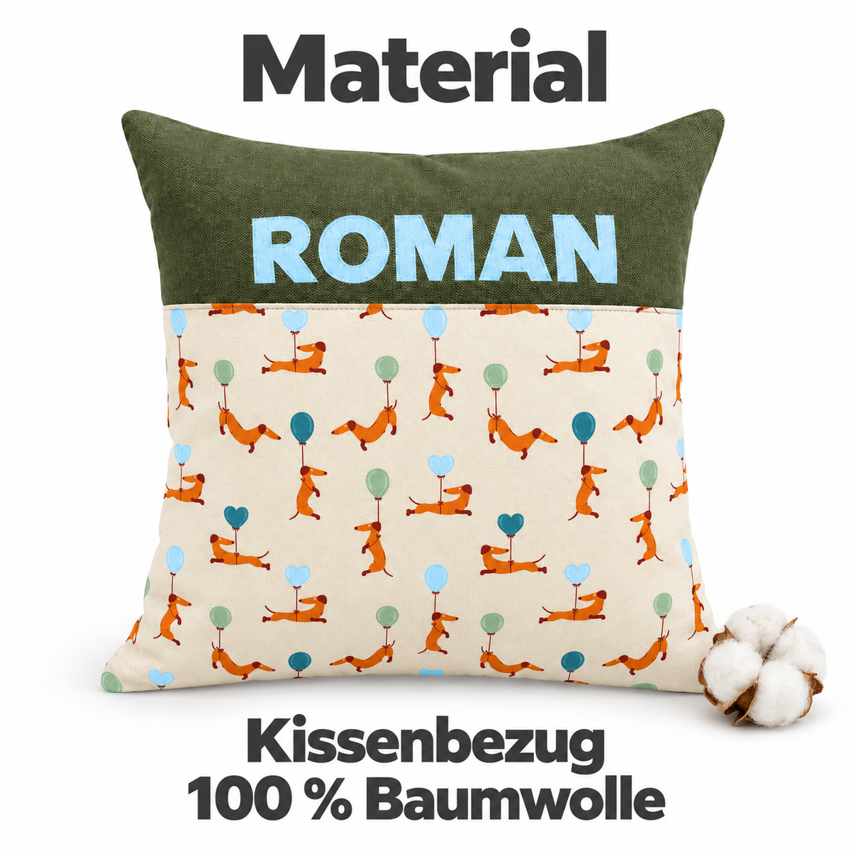 Dackelkissen mit Namen – personalisiertes Kinderkissen 40 × 40 cm