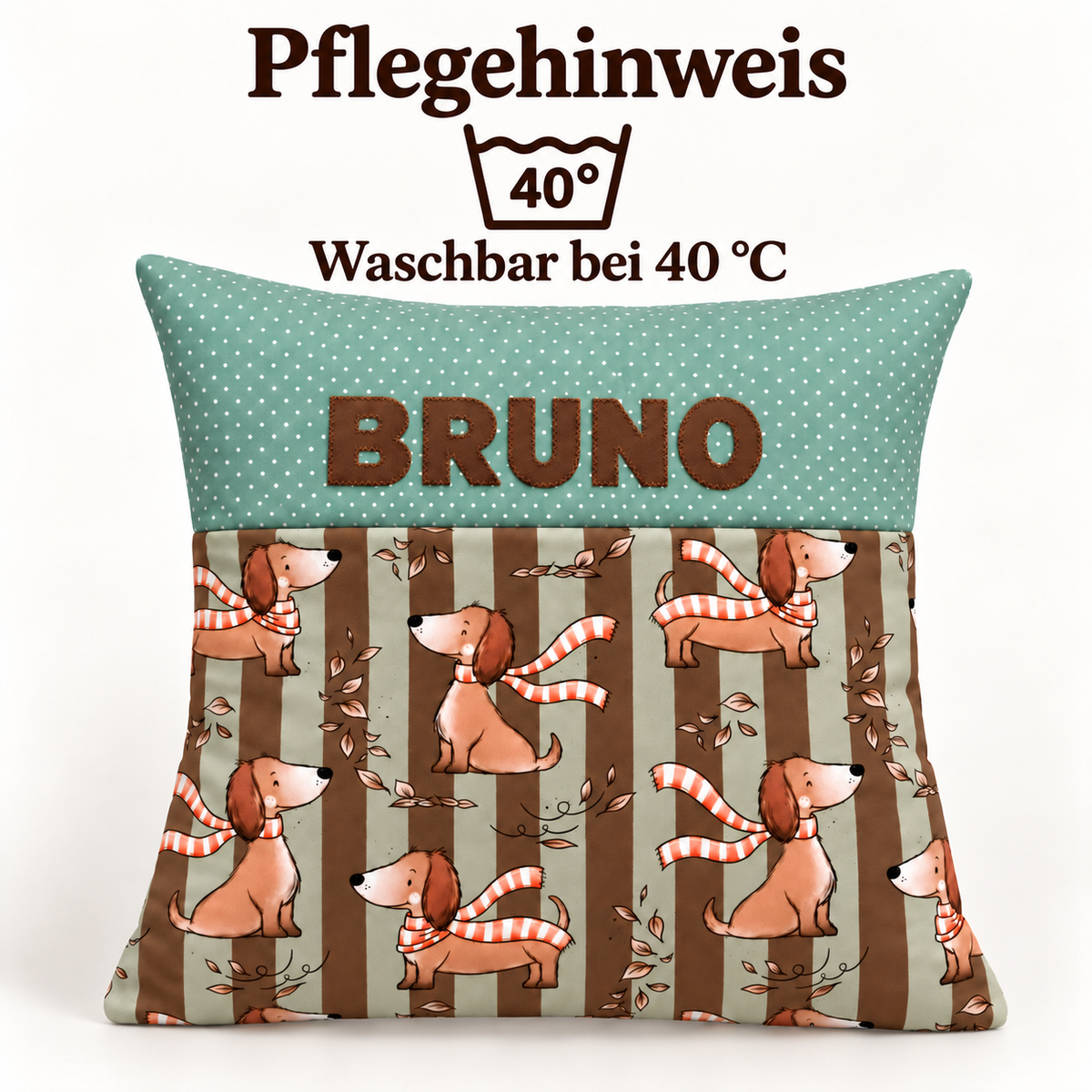 Dackelkissen mit Namen – personalisiertes Kinderkissen 40×40 cm