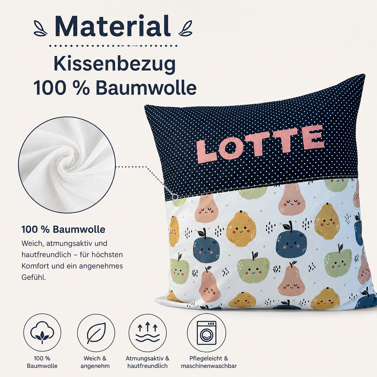 Kissen mit Namen Früchte | Personalisiertes Kinderkissen 40x40 cm | Geschenk für Kinder