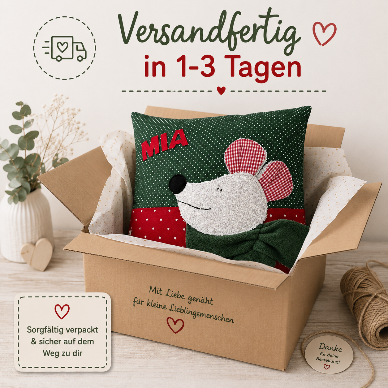 Kuschelkissen Maus personalisiert | Weihnachtsgeschenk für Kinder 40x40 cm