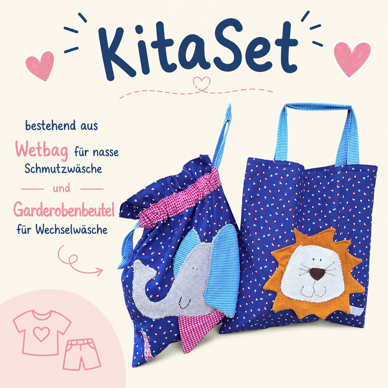 Kindergartenset für Jungs – Wetbagset Elefant & Löwe