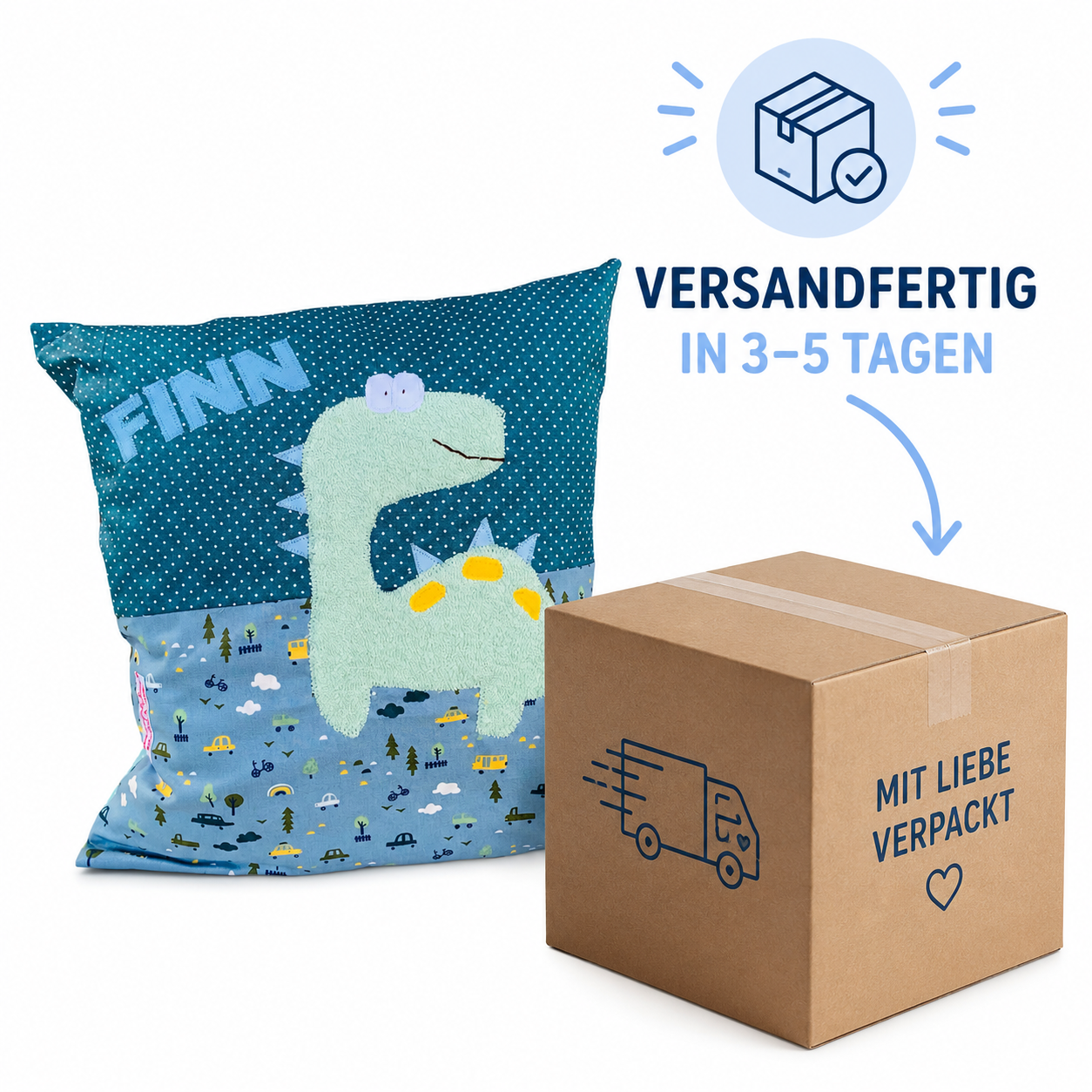„Kuschelkissen Dino mit Name – Handgemachtes Namenskissen 40x40 cm, Geschenkidee für Kinderzimmer“