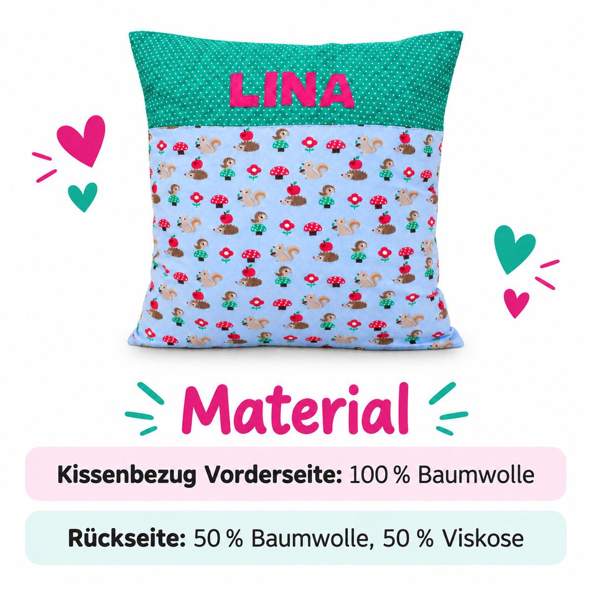 Personalisiertes Kinderkissen mit Namen – Waldtiere – Geburtstagsgeschenk für Mädchen
