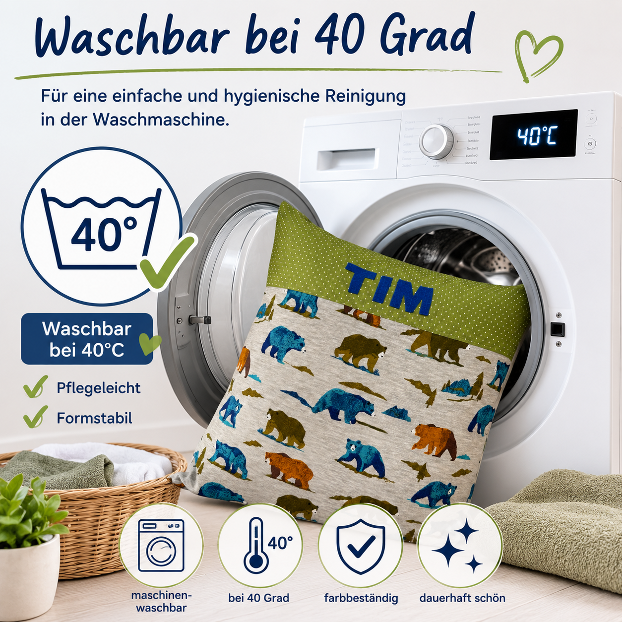 Kissen mit Namen Bären | Personalisiertes Kinderkissen 40x40 cm | Geschenk für Jungen