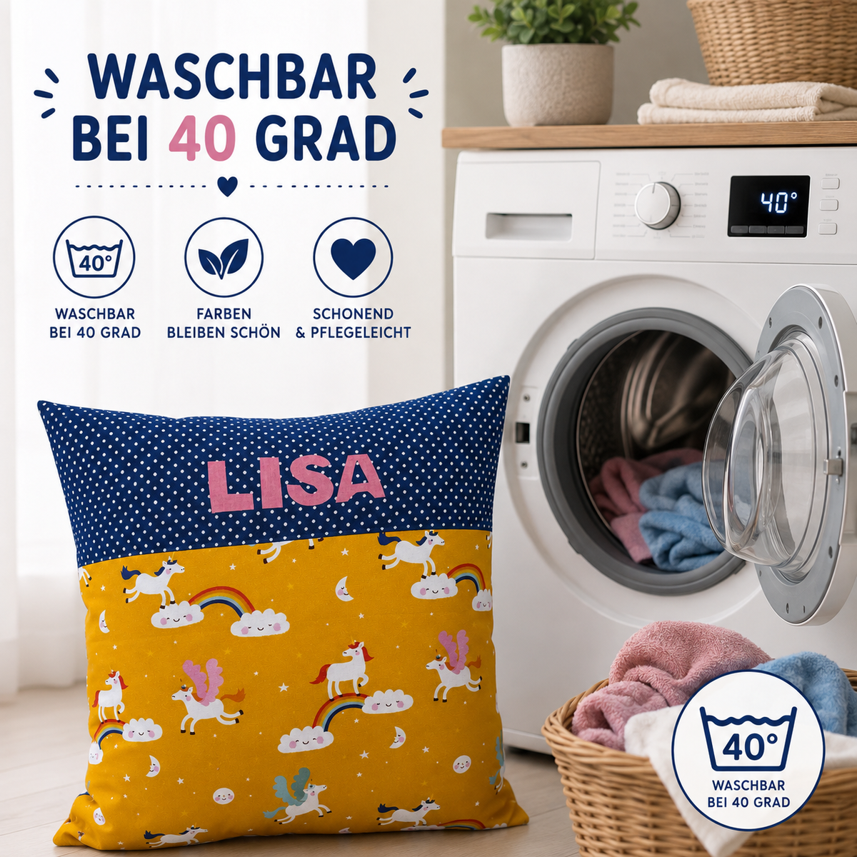 Einhornkissen mit Namen – personalisiertes Kissen 40 × 40 cm