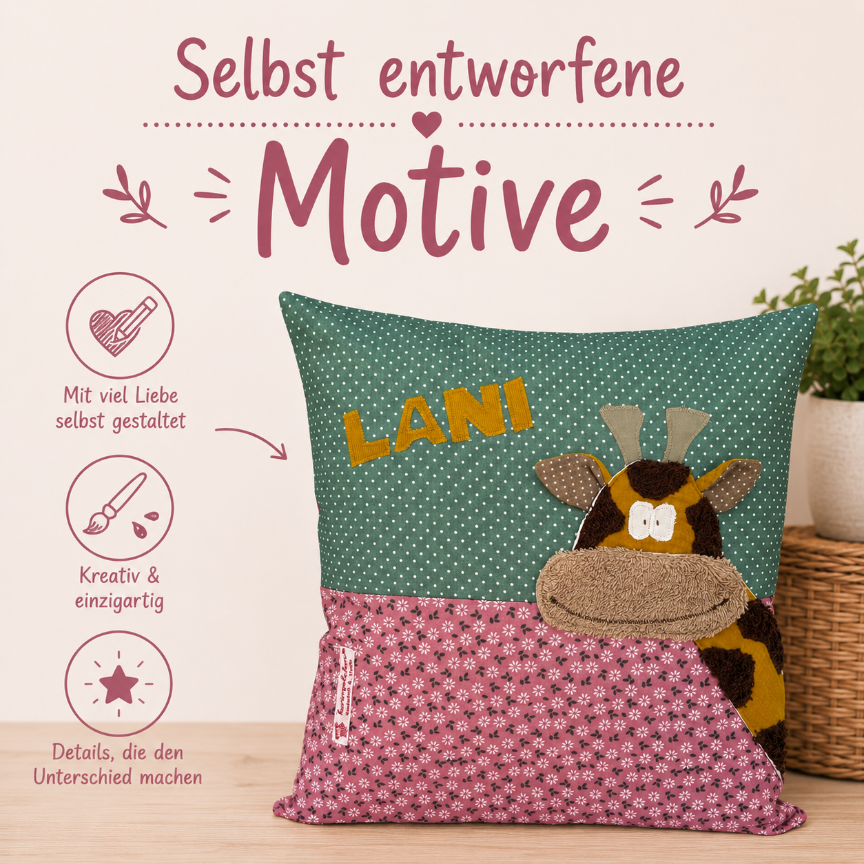 Kissen personalisiert mit Namen Giraffe | Personalisierte Geschenke Baby | Besonderes Geschenk zur Geburt
