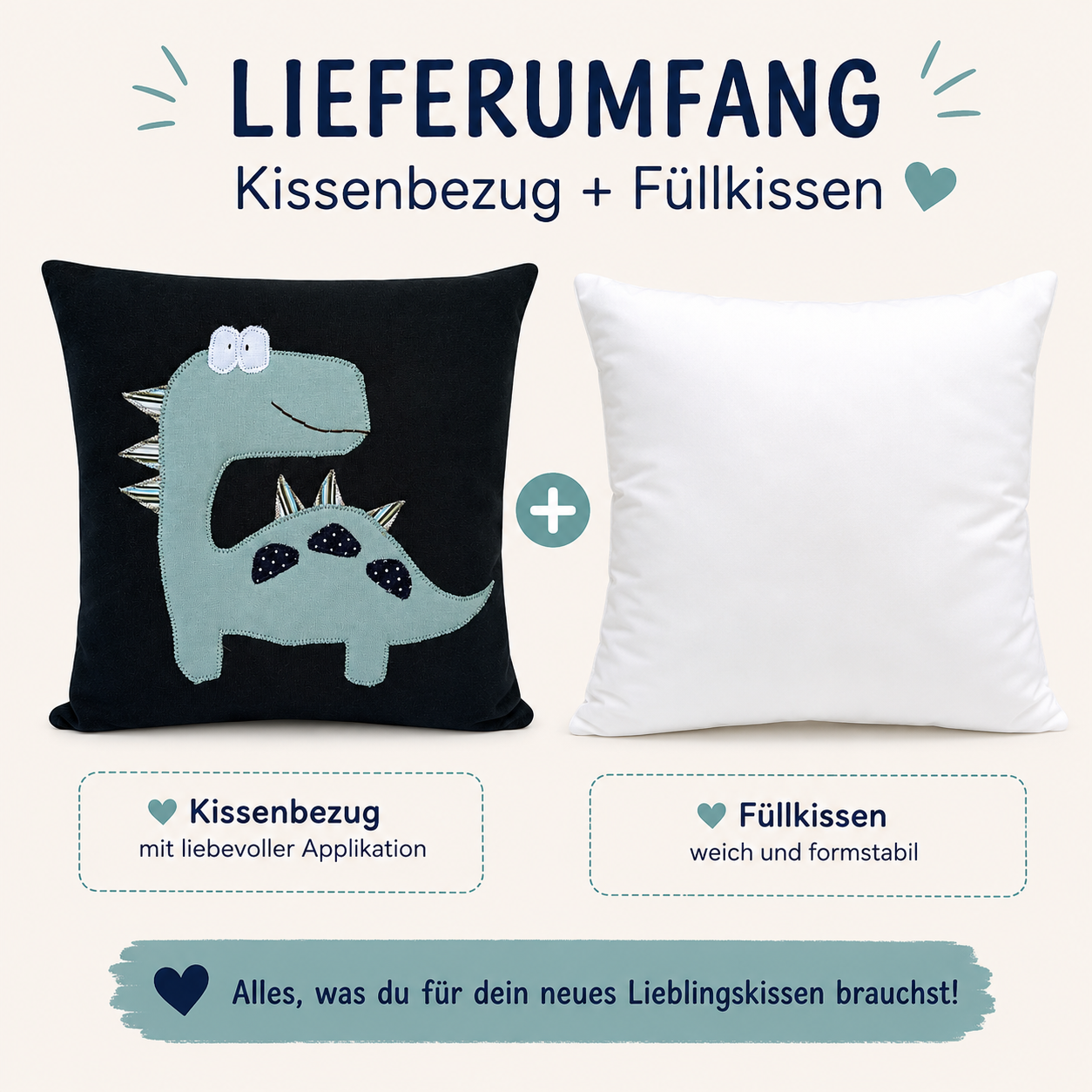 Reisekissen für Jungs Dino – Handgenähtes Dinokissen 30x30 cm | Sinnvolles Geschenk für 2-jährige Jungen