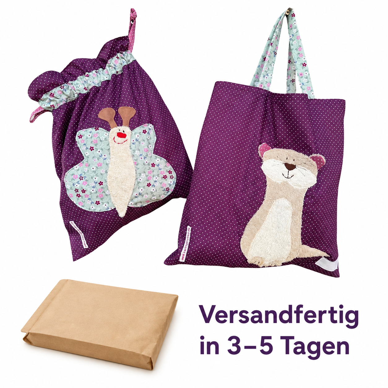 Kita-Set Otter & Schmetterling – Handgemachte Wetbag & Garderobenbeutel mit Namen für Kinder