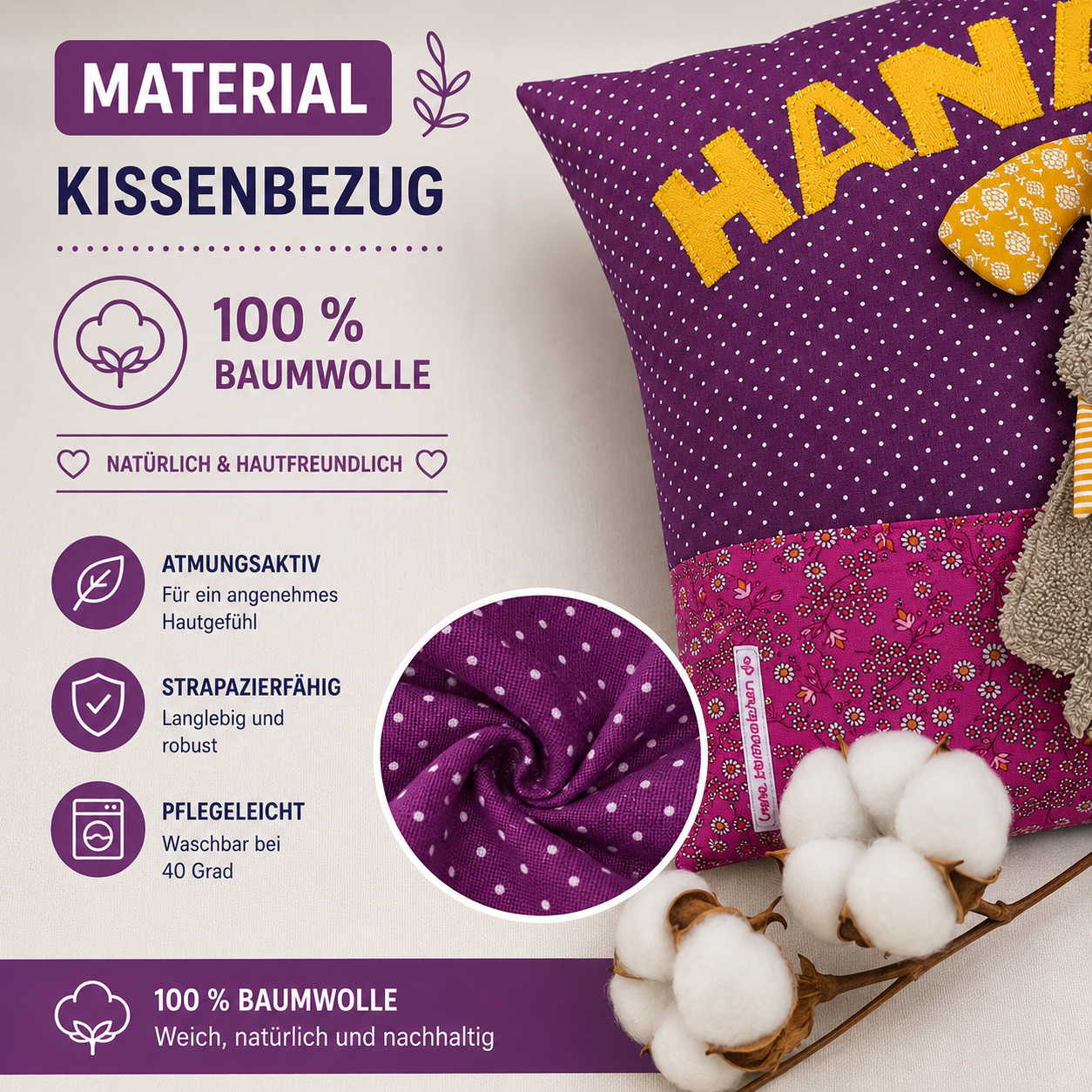 Kissen personalisiert Hund – Kinderkissen mit Namen | Handgemachtes Kuschelkissen 40x40 cm