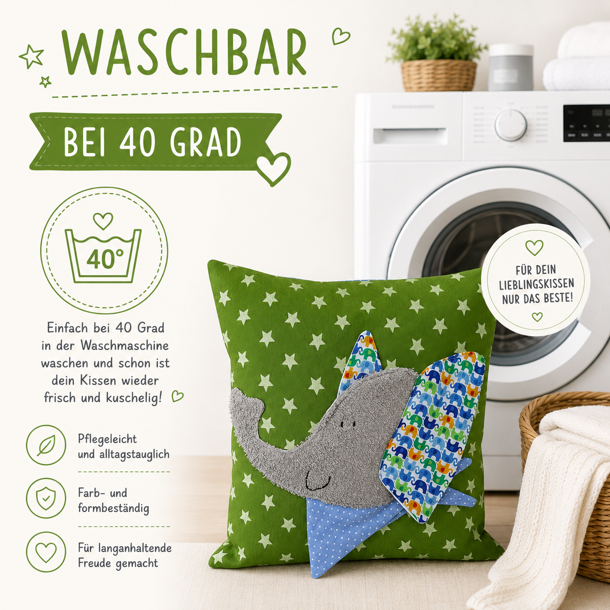 Reisekissen Elefant 30x30 cm – Handgemachtes KINDERKISSEN für Kleinkinder