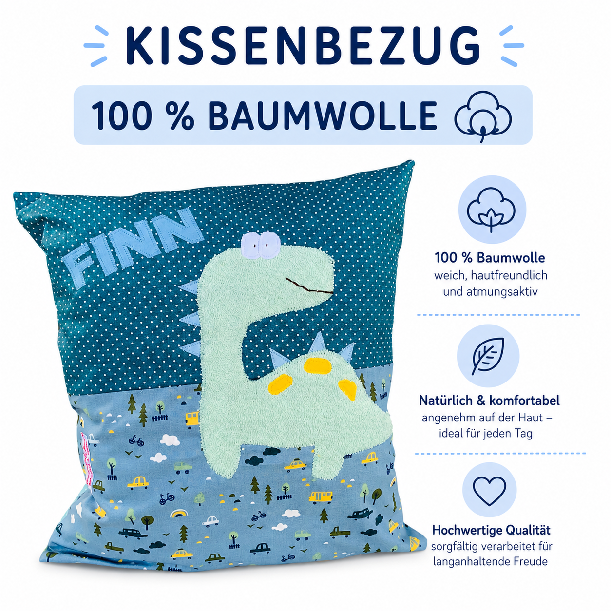 „Kuschelkissen Dino mit Name – Handgemachtes Namenskissen 40x40 cm, Geschenkidee für Kinderzimmer“