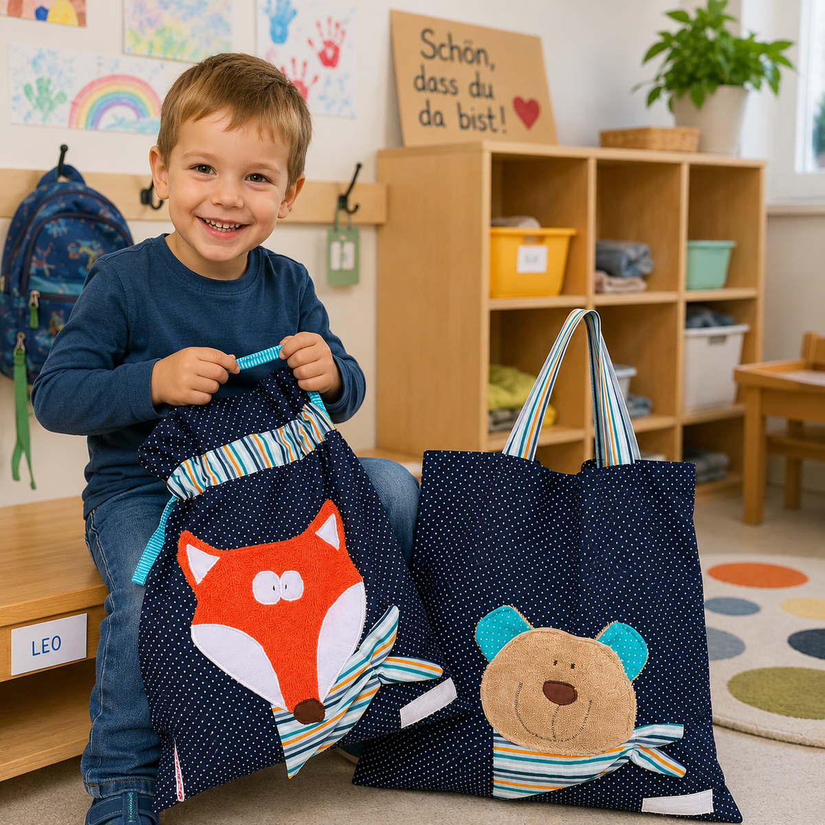 Kindergartenset Fuchs & Bär | Wetbag & Garderobenbeutel | Geschenk zum Kindergartenstart