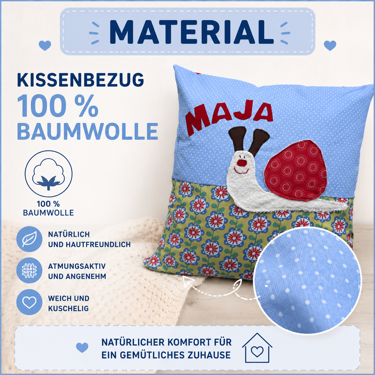 Kuschelkissen Schnecke – liebevolles Babygeschenk mit Namen zur Taufe