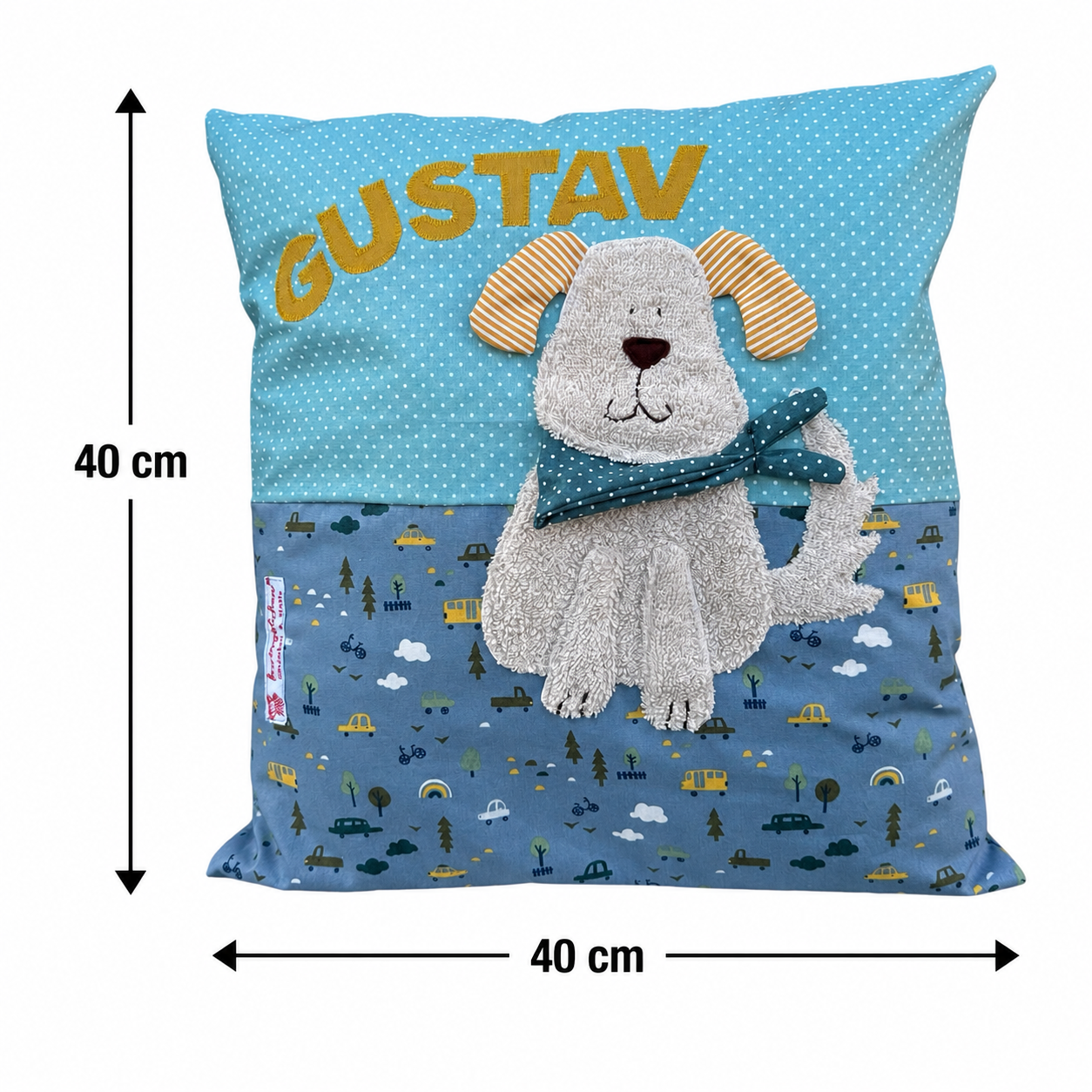 Kissen Hund mit Namen – Personalisiertes Kinderkissen 40x40 cm in Rauchblau | Geschenk zur Geburt, Taufe & 1. Geburtstag
