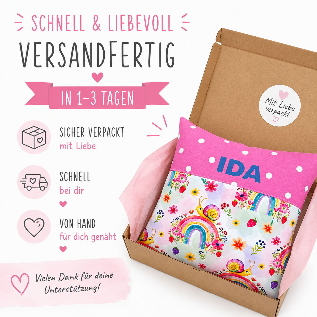 Kissen mit Namen Mädchen – Rosa mit Schnecke & Regenbogen