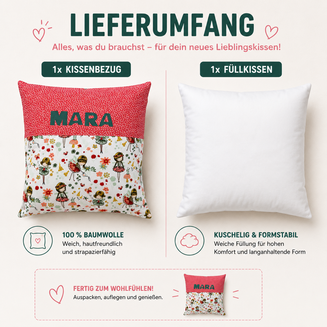 Kissen mit Namen Elfen & Feen | Personalisiertes Kinderkissen 40x40 cm | Geschenk für Mädchen
