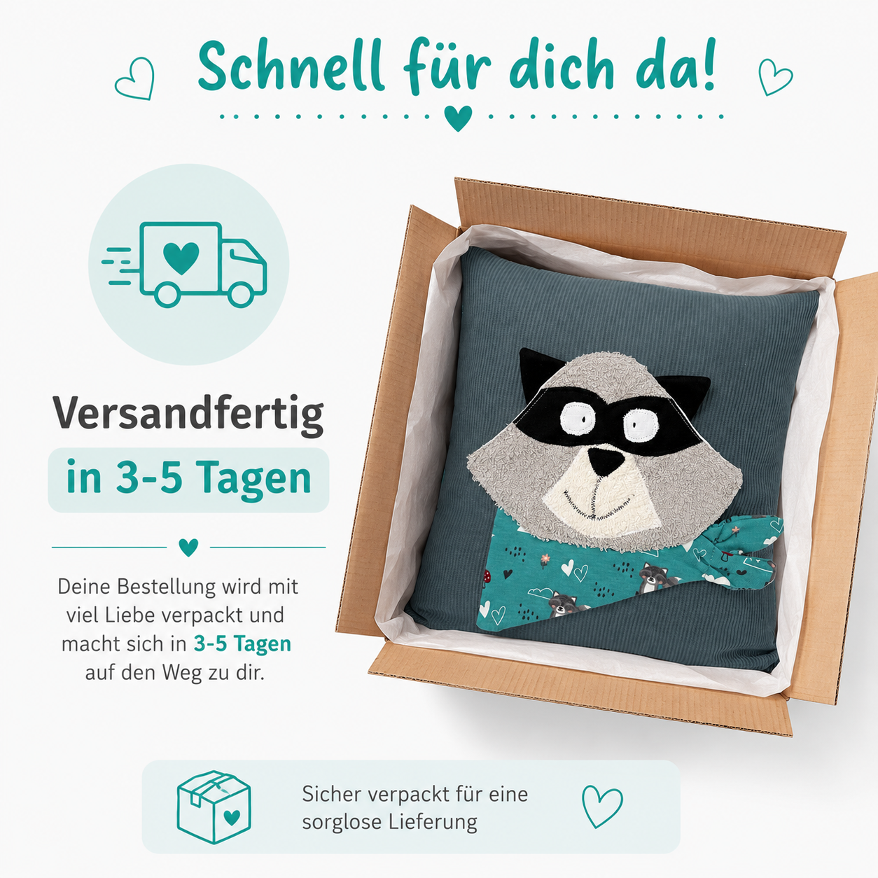 Reisekissen für Kinder Waschbär | Kissen 30x30 | Geschenk für Kindergartenstart