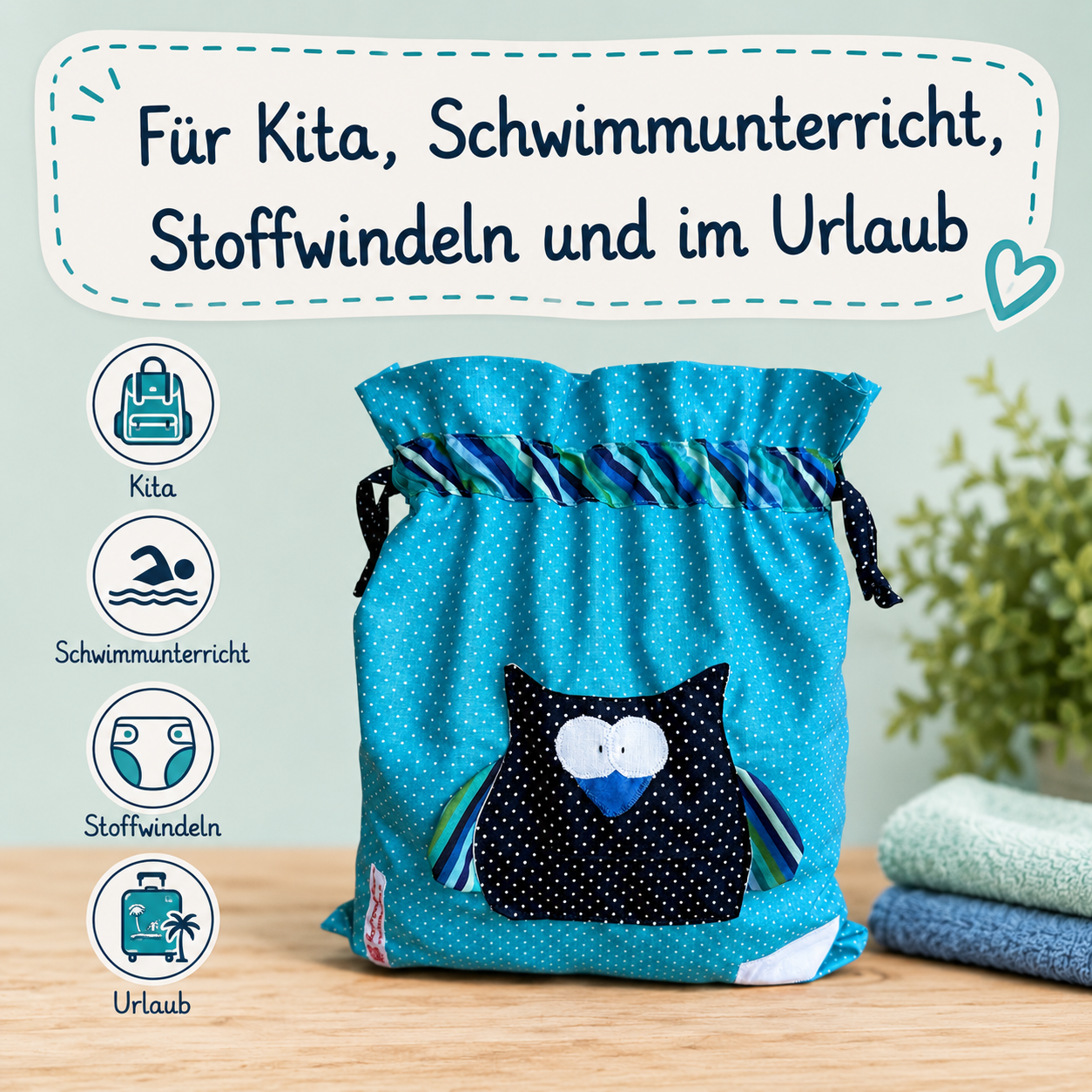 Wetbag Eule personalisiert – Wasserabweisende Nasstasche für Kita & Schwimmen
