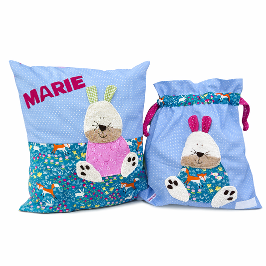 GeschenkSet Hase hellblau personalisiert – Wetbag & Beutel für den Kindergarten