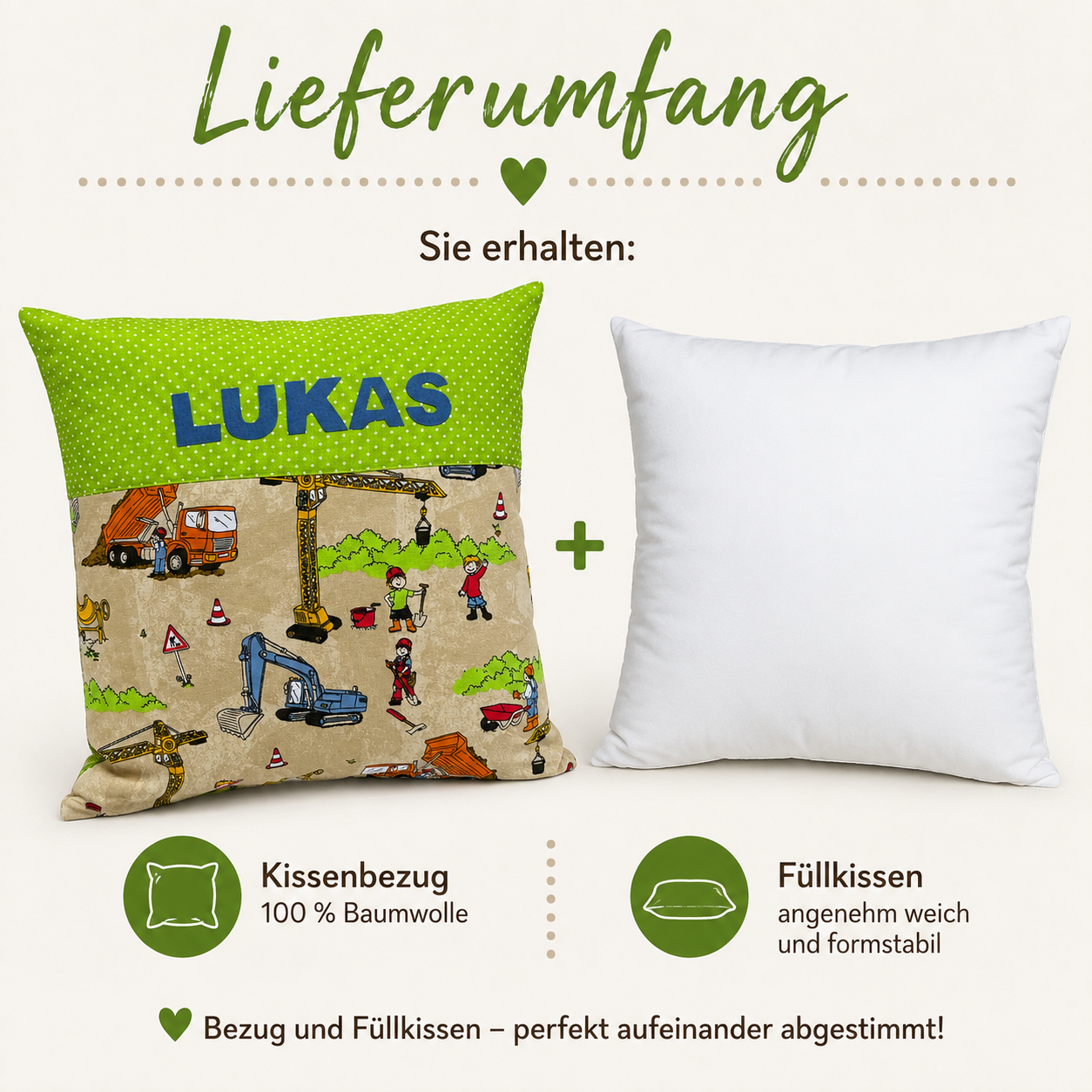 Kissen Bagger mit Name – Personalisiertes Baustellenkissen für Kinder