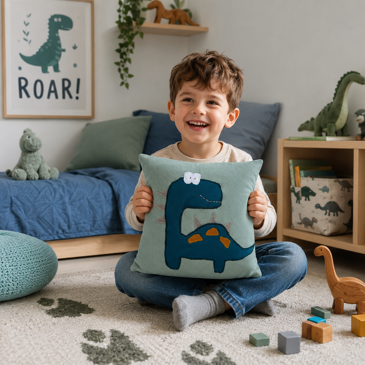 Reisekissen Dino 30x30 cm – Handgenähtes Kinderkissen für Auto, Urlaub & Kindergarten