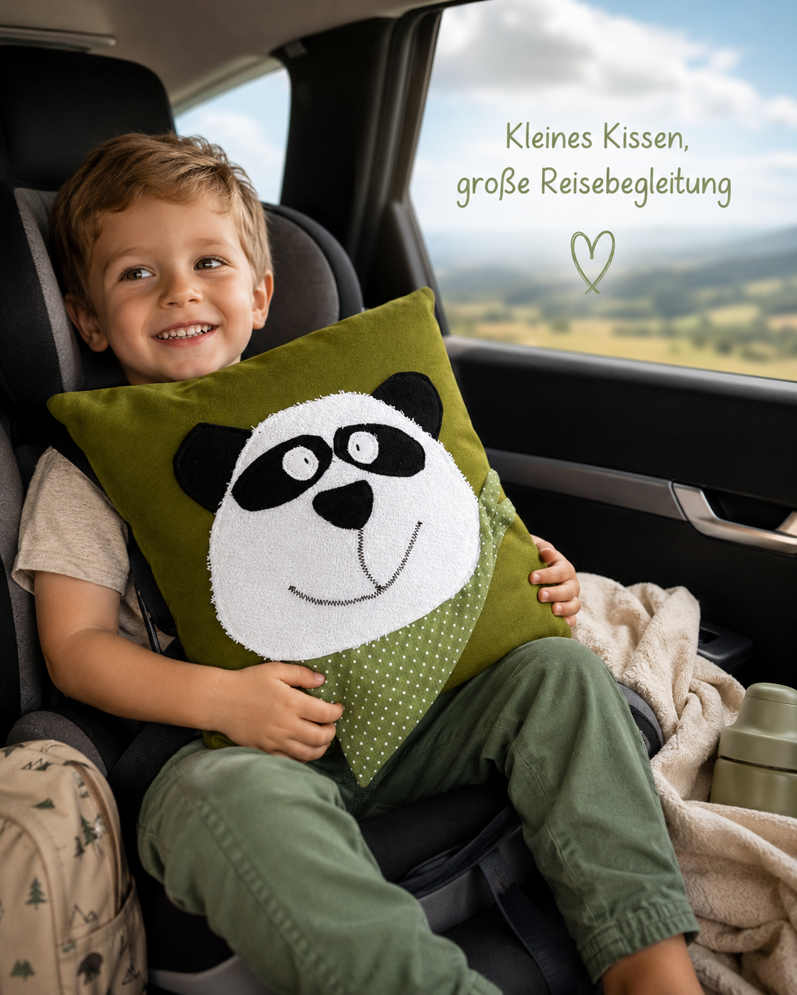 Reisekissen für Kinder Panda 30x30 – Handgemachtes Kuschelkissen