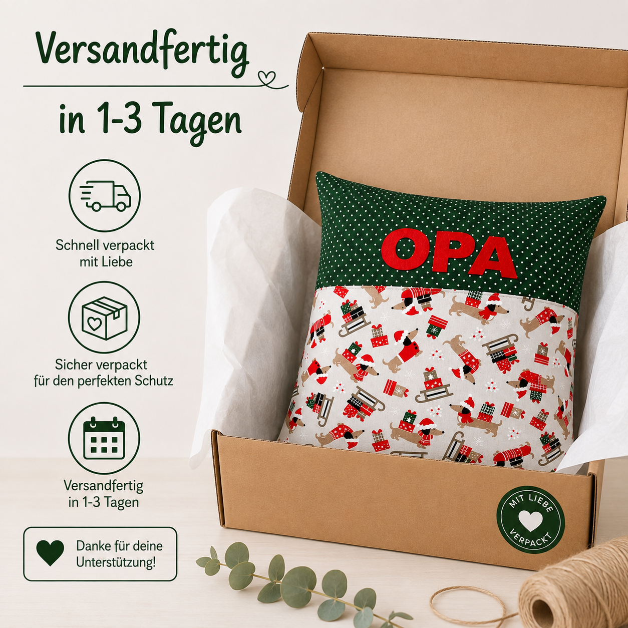 Weihnachtskissen für Opa mit Dackel – personalisierbar