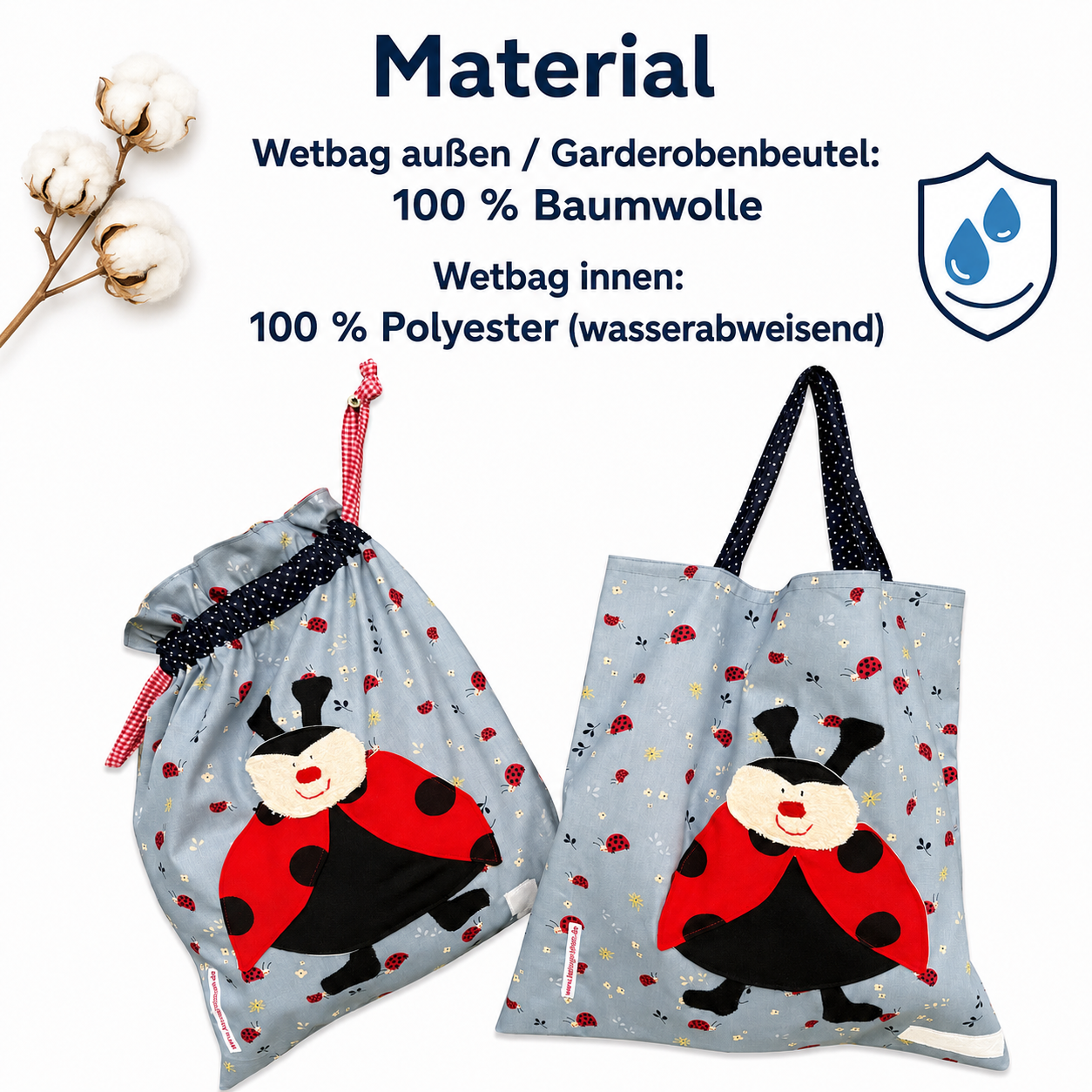 Wetbagset Mädchen Marienkäfer – Nasstasche & Garderobenbeutel personalisiert
