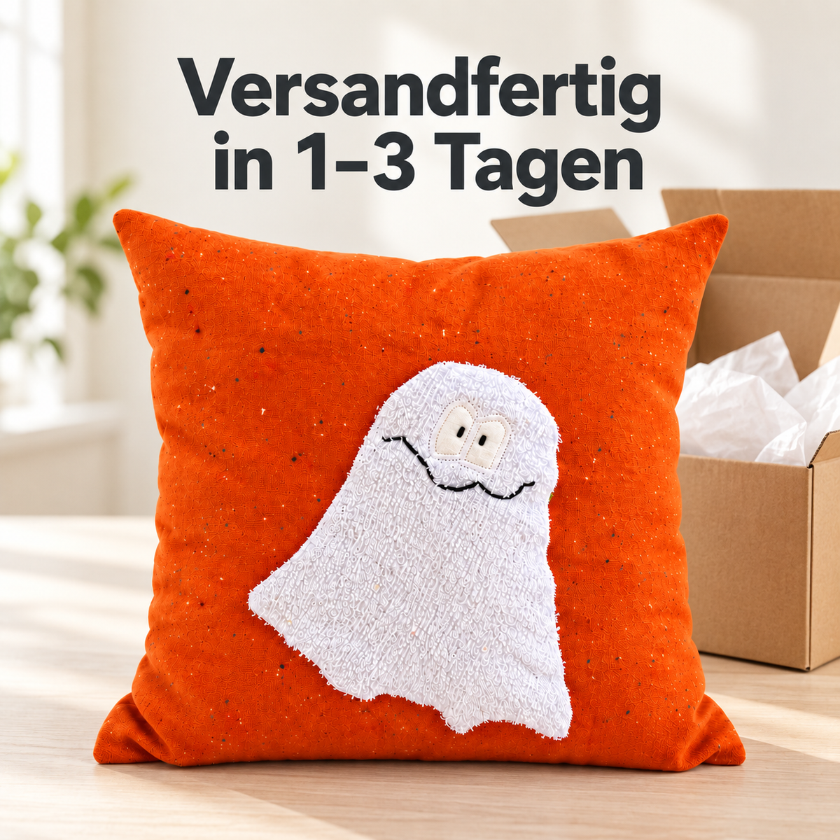 Kinderkissen Geist 30×30 cm – Orange, Gespensterkissen
