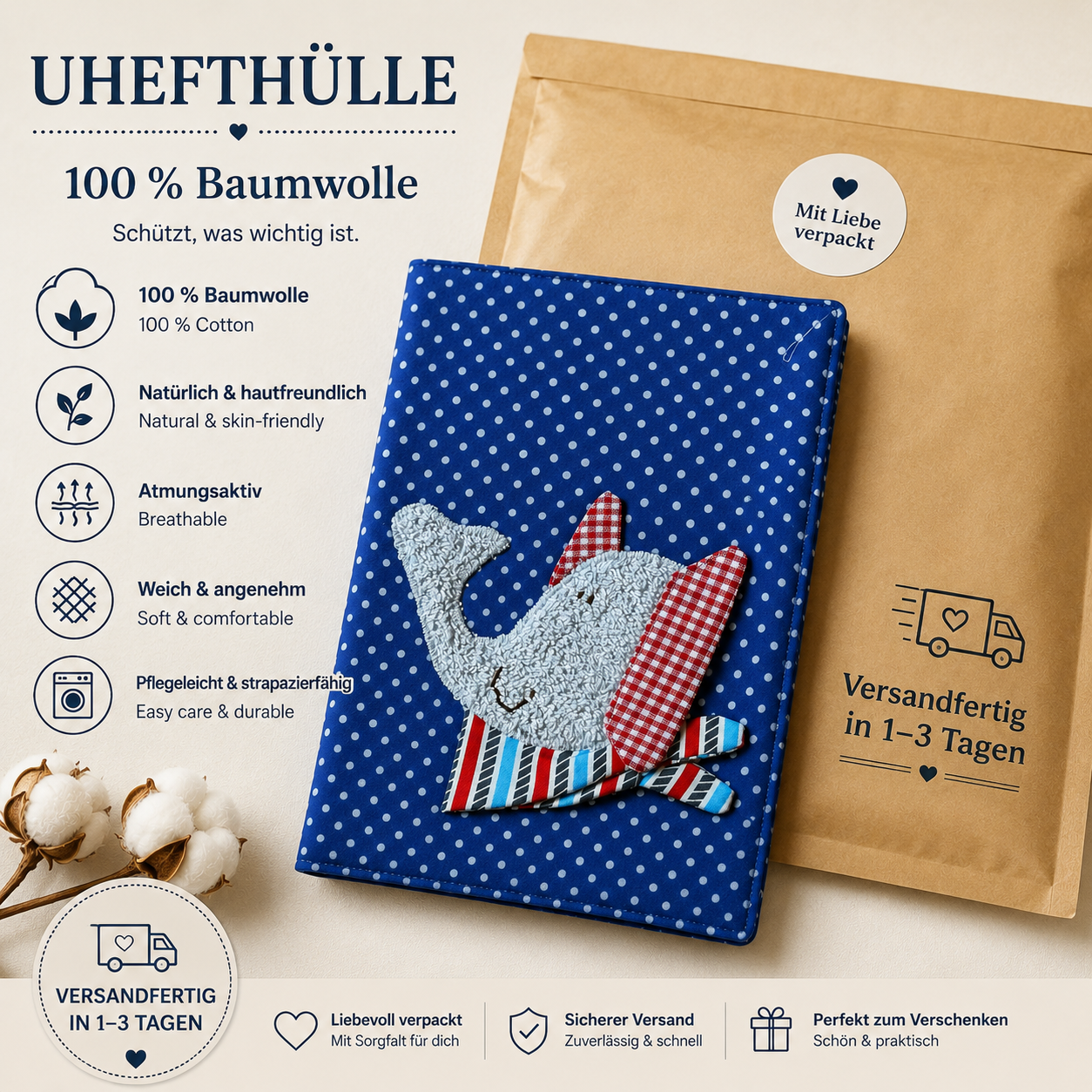 U-Heft Hülle Elefant royalblau | Personalisiertes Babygeschenk Junge