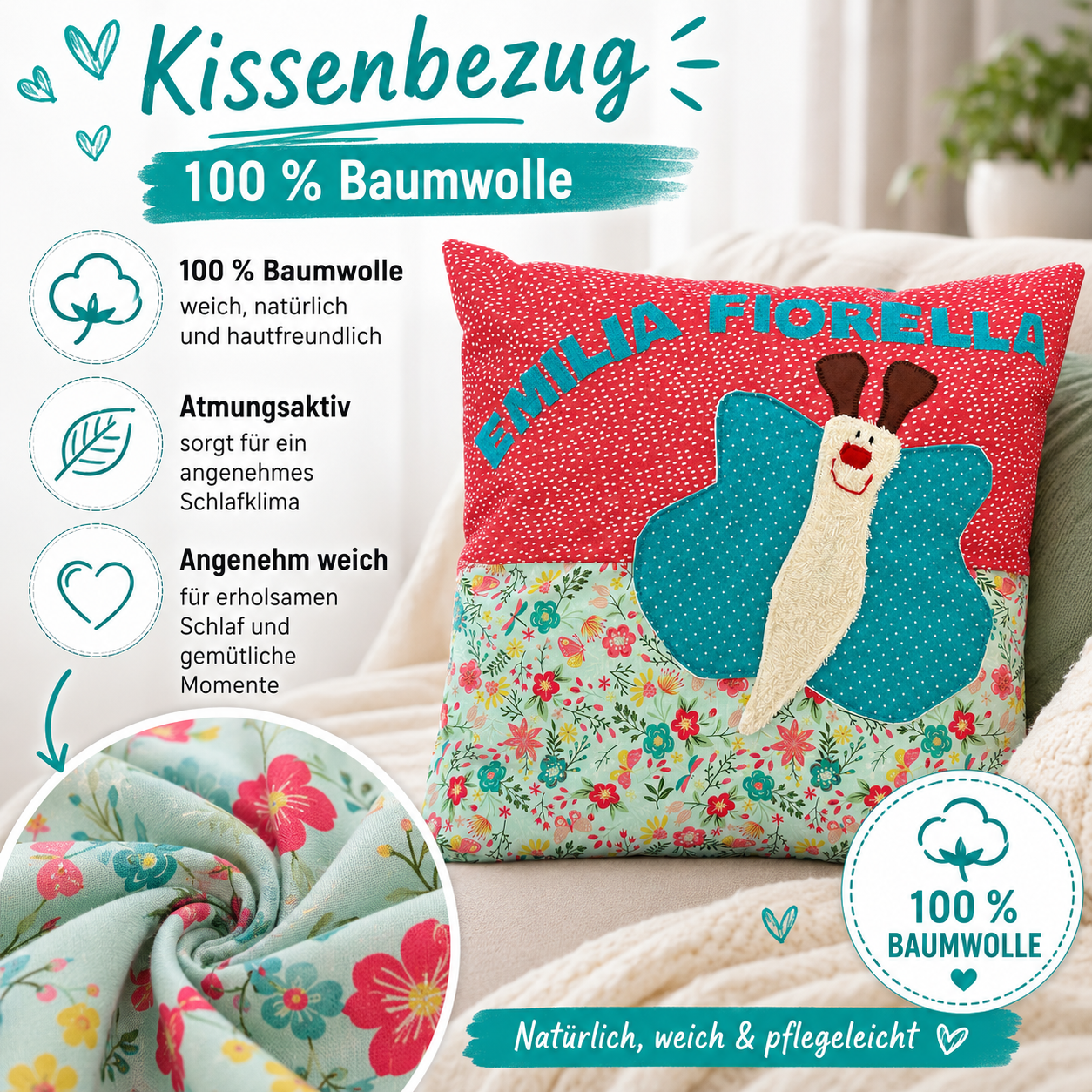 Kissen personalisiert mit Namen | Schmetterling Kinderkissen | Mädchenzimmer Deko