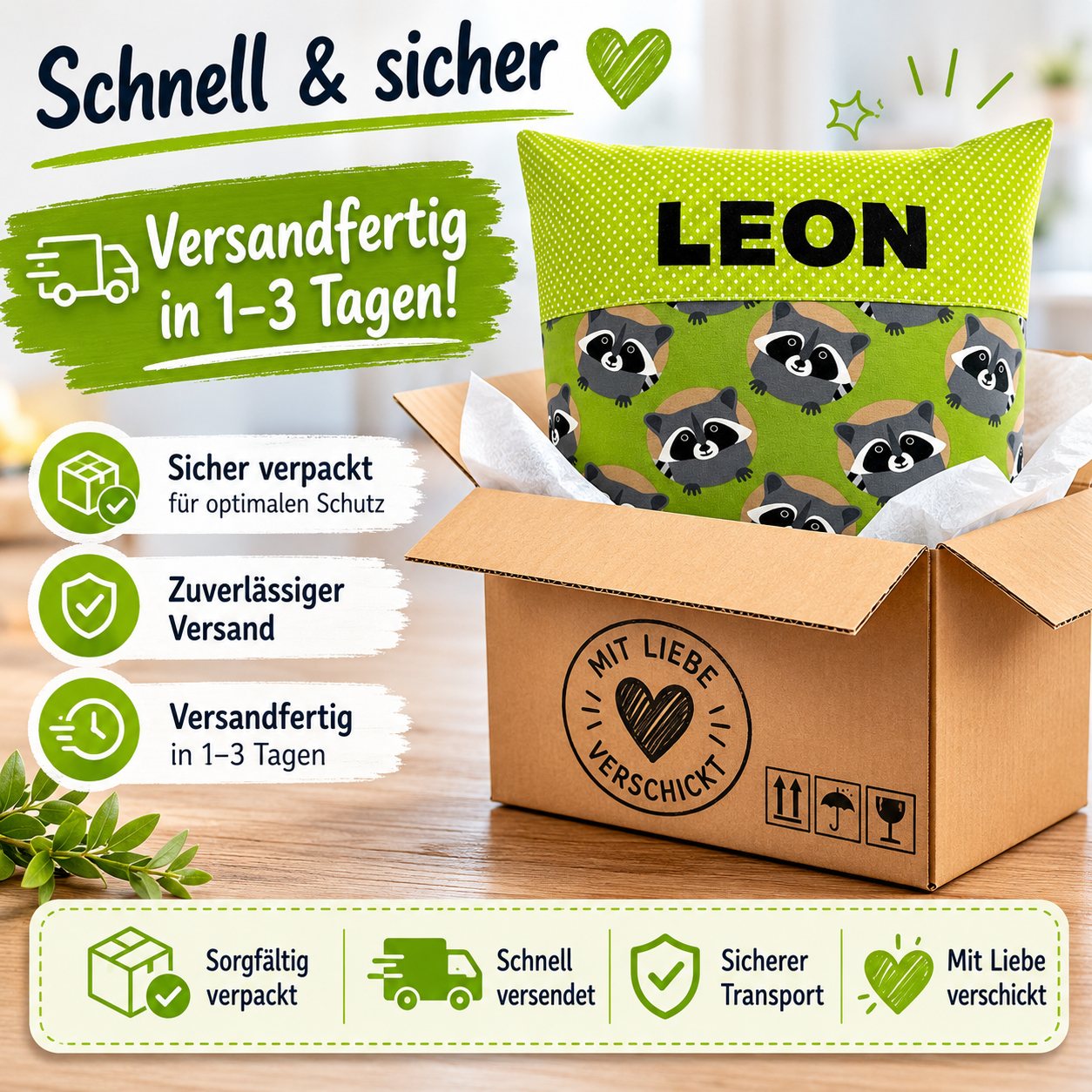 Waschbär Kissen mit Namen personalisiert – Kinderkissen 40x40 cm