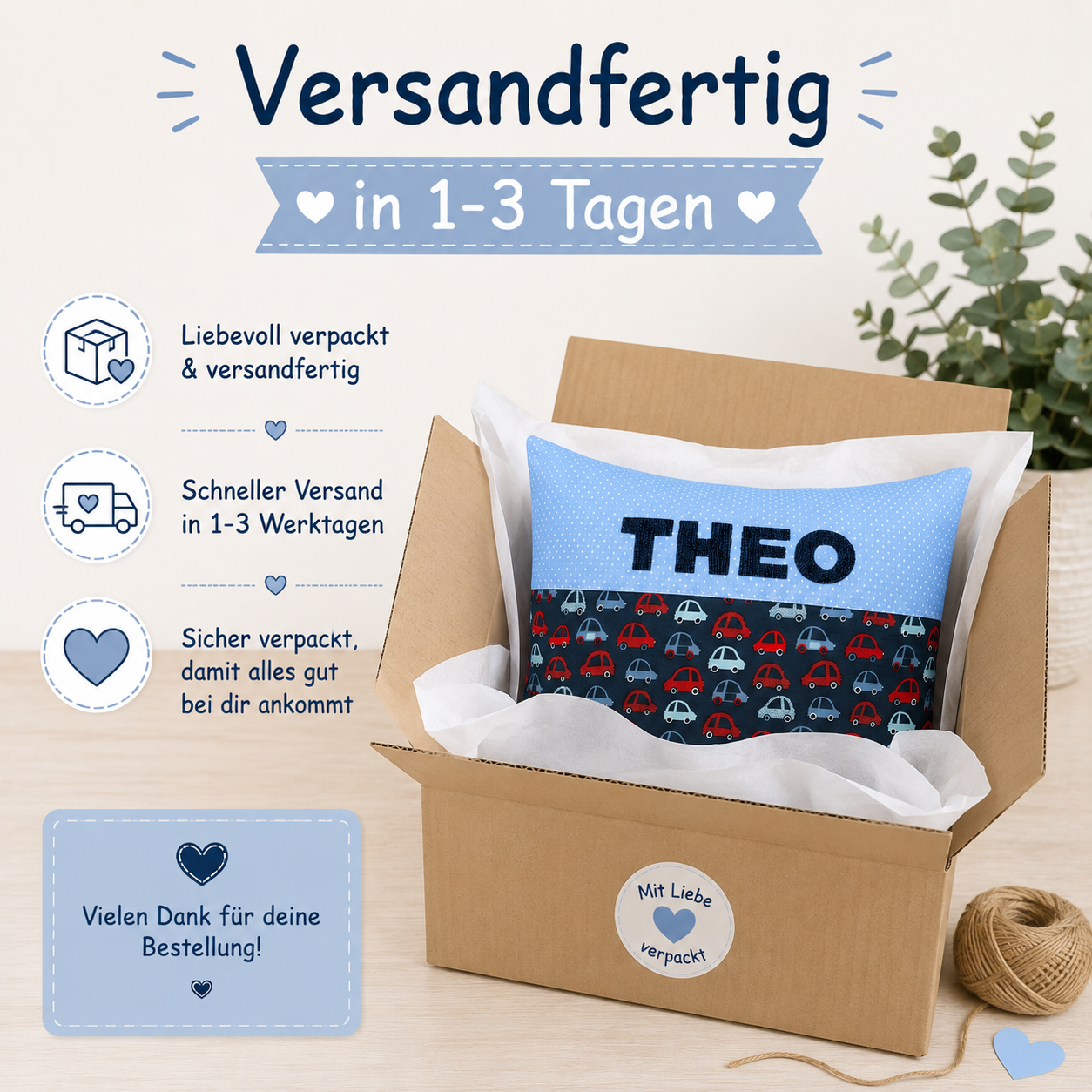 Kissen mit Namen Autos – Personalisiertes Kinderkissen für Jungen 40x40 cm