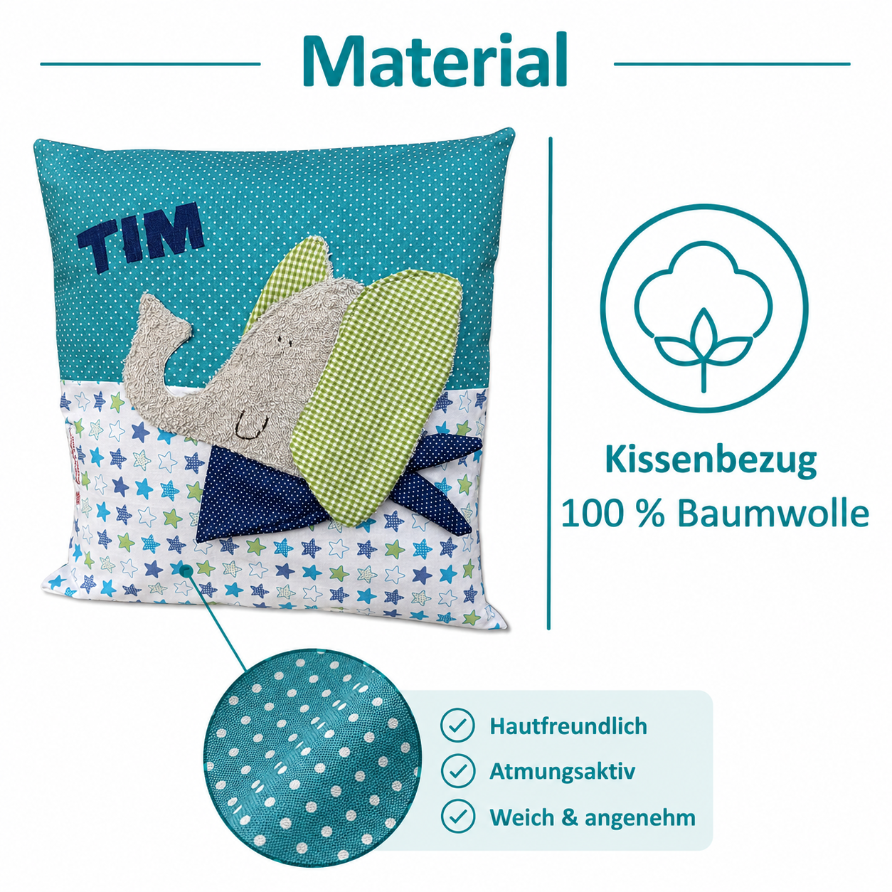 Kissen Elefant – personalisiert mit Namen | Handgenähtes Kinderkissen 40×40