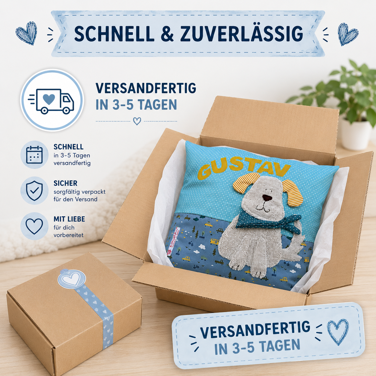 Kissen Hund mit Namen – Personalisiertes Kinderkissen 40x40 cm in Rauchblau | Geschenk zur Geburt, Taufe & 1. Geburtstag