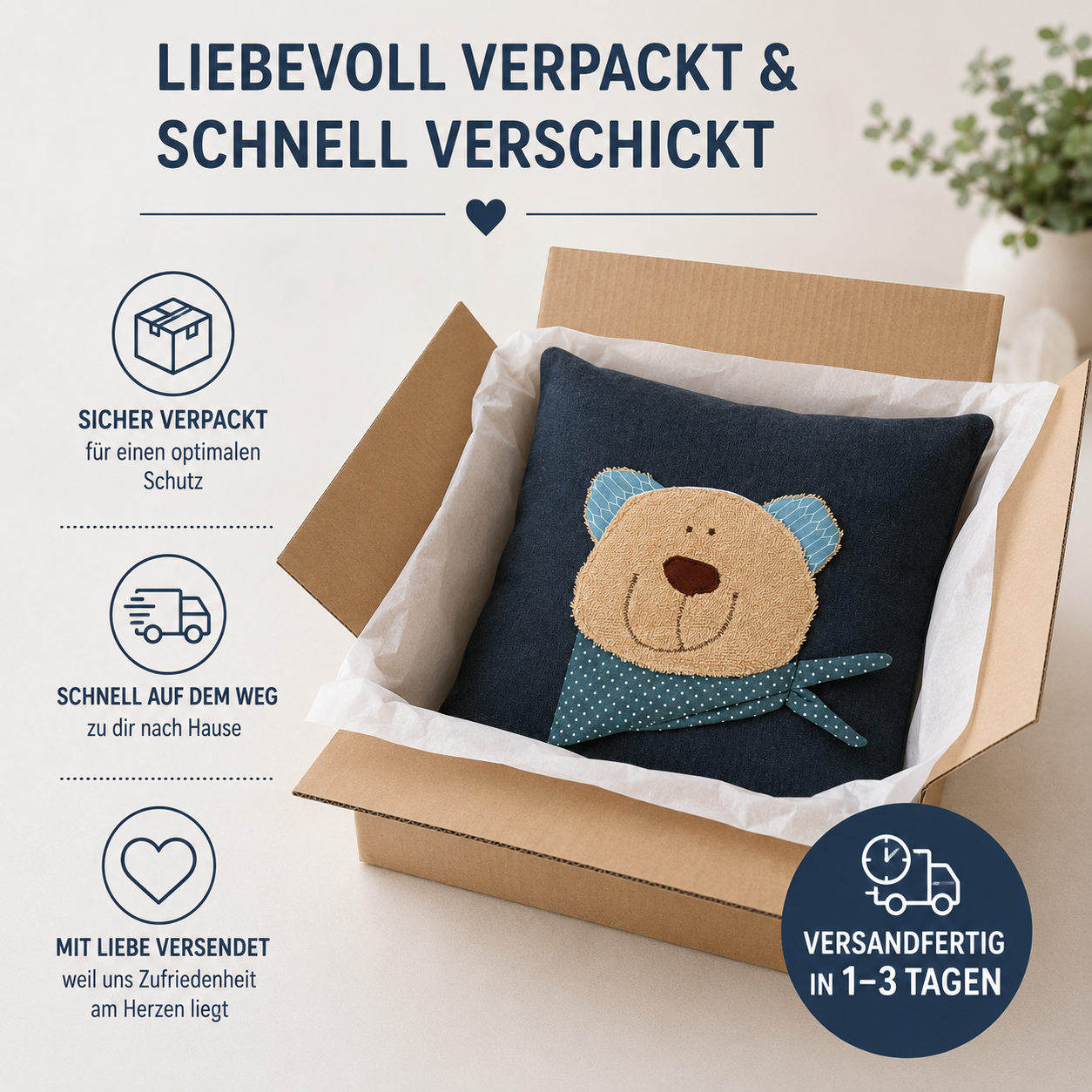 Reisekissen Bär für Kinder – Handgemachtes Kuschelkissen 30x30 cm
