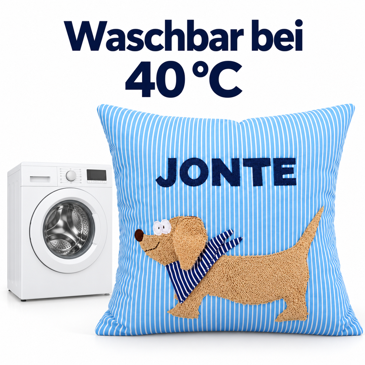 Dackel Kissen mit Namen – hellblau gestreift, 40 × 40 cm