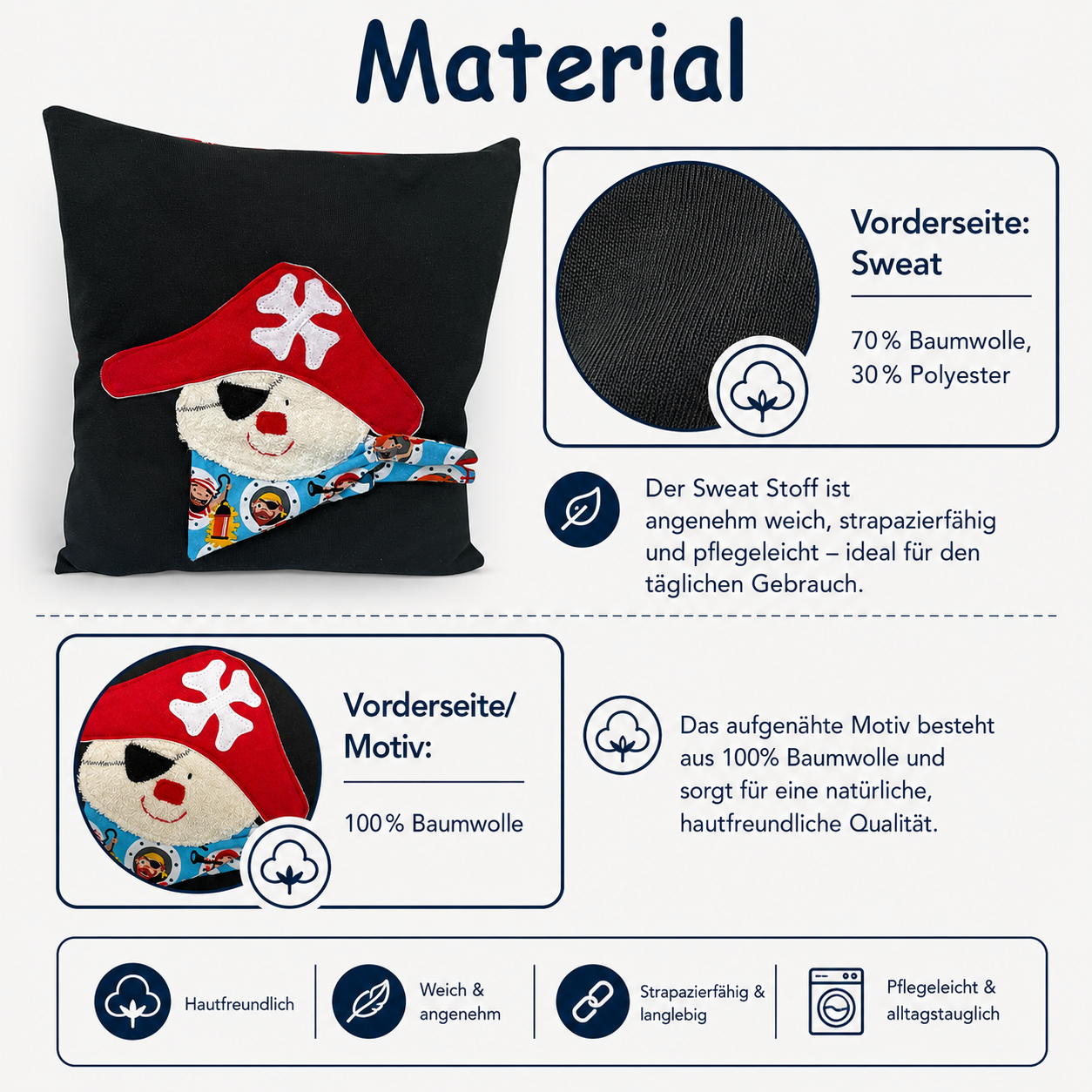 Reisekissen Pirat 30x30 cm – Handgenähtes Kinderkissen für Auto, Urlaub & Kindergarten
