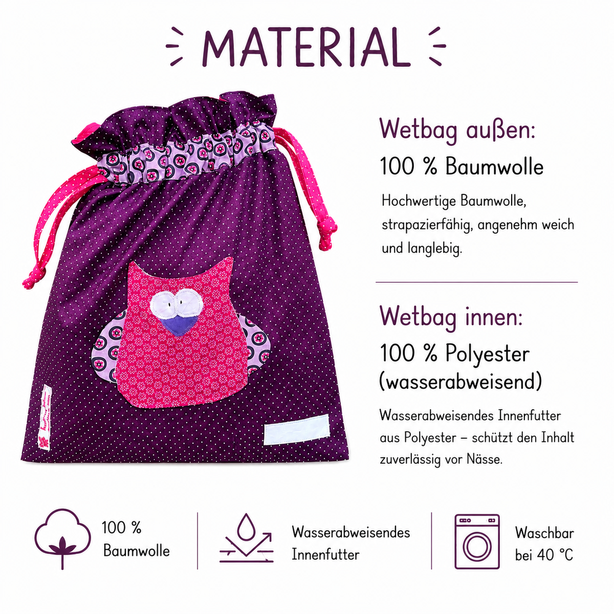 Wetbag Eule handgemacht | süße Kindertasche für Kita | Eulen Geschenke für Kinder | Wetbag für nasse Kleidung